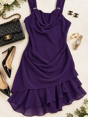 Jessica Purple Sleeveless Cowl Neck Ruffle Hem Dress